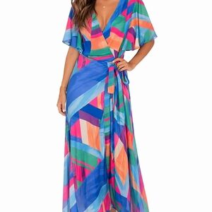 Flying Tomato Multicolor Geometric Wrap Midi Dress